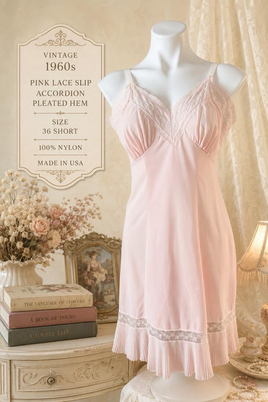 Vintage 1960s Pink Lace Slip Accordion Pleated Hem 36 Short